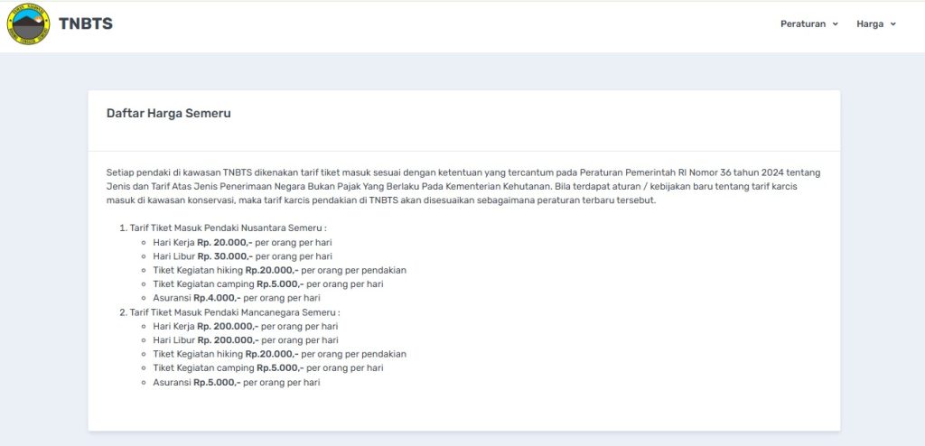 harga tiket masuk gunung semeru 2026